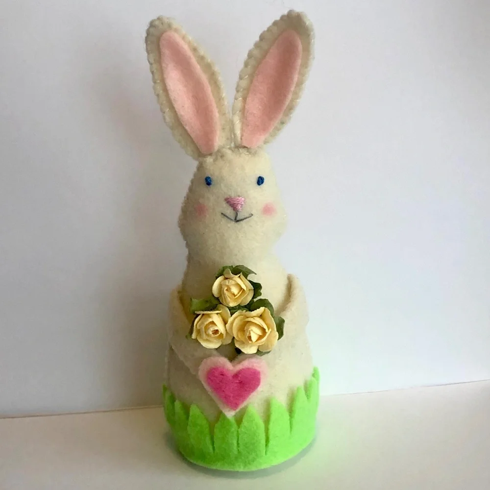 Bunny art doll holding yellow roses hand-sewn handmade heart
